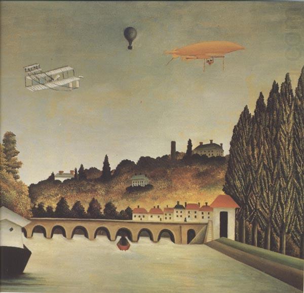 View of the Bridge at Sevres and Saint-Cloud with Airplane,Balloon,and Dirigible, Henri Rousseau